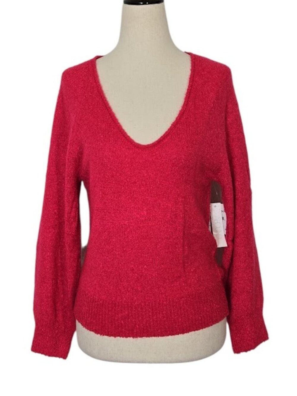 ABOUND Women’s XXS V-Neck Bouclé Knit Sweater Red Potion NWT